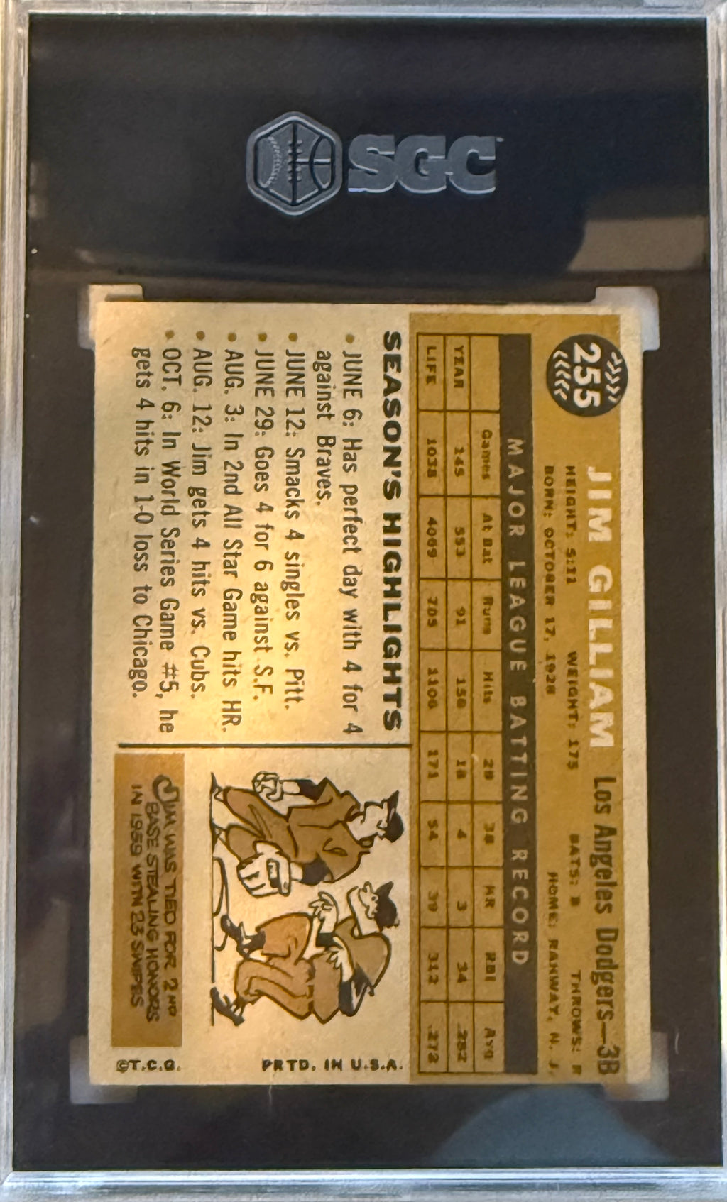 1960 Topps #255 Jim Gilliam SGC GRADE 4.5