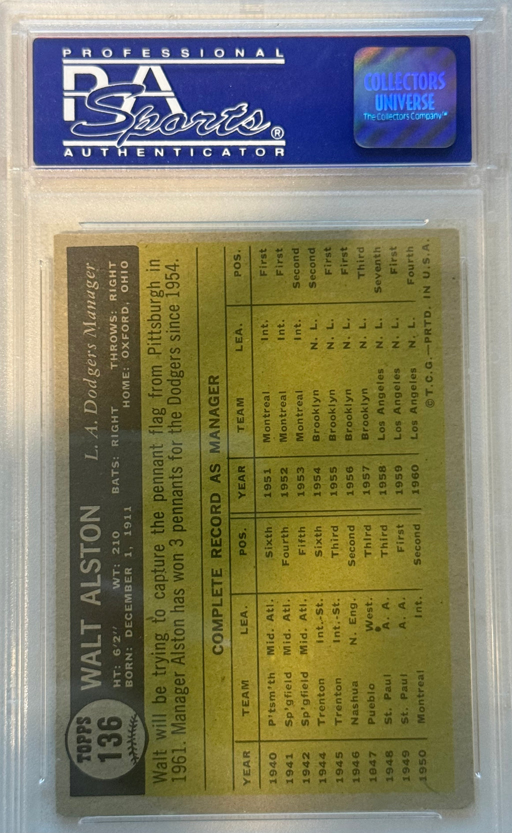 1961 Topps Walt Alston PSA 5