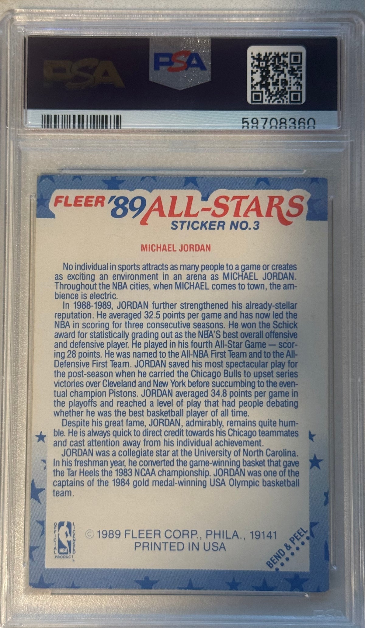 1989 Fleer Sticker Michael Jordan PSA 5