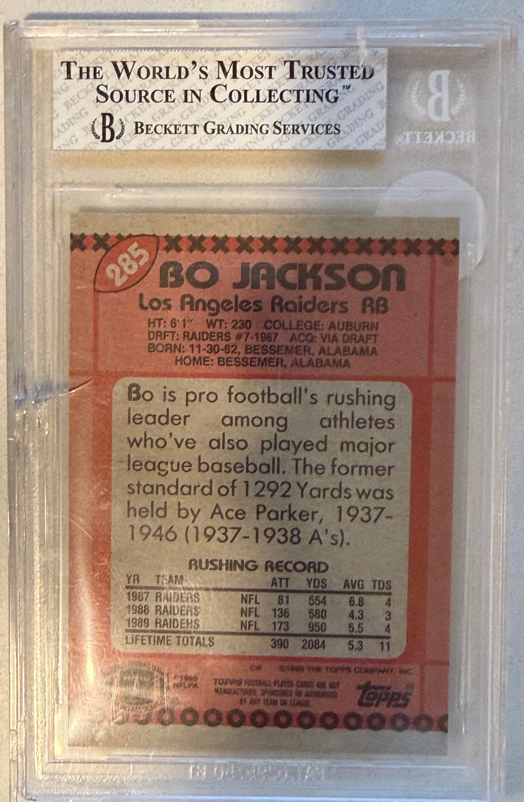 1990 Topps Disclaimer Back #285 BO Jackson MINT 8