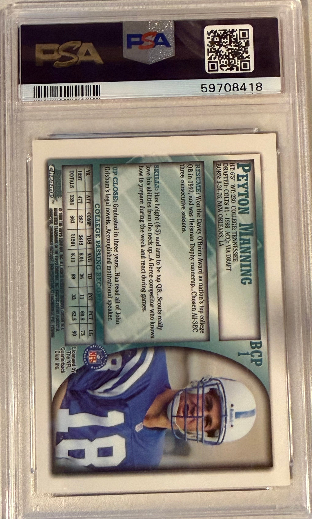 1998 Bowman Chrome Peyton Manning Preview PSA 8