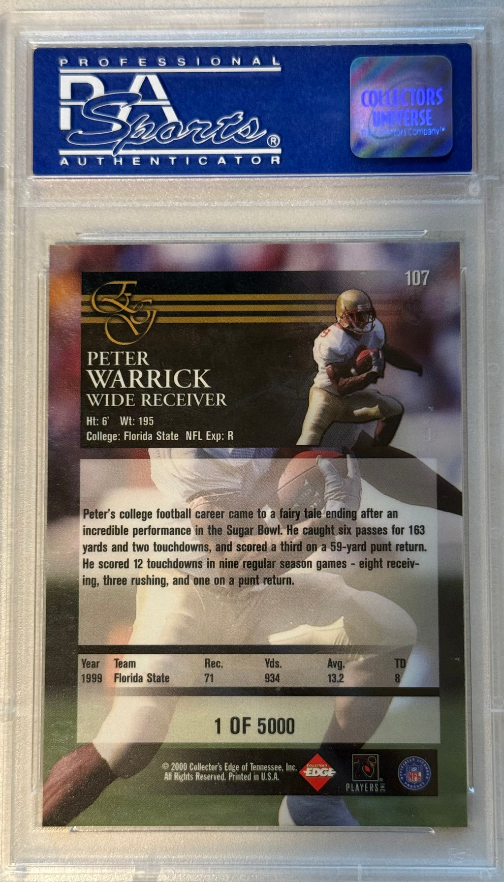 2000 Coll. Edge Graded Peter Warrick Uncirculated Grade GEM MT 10