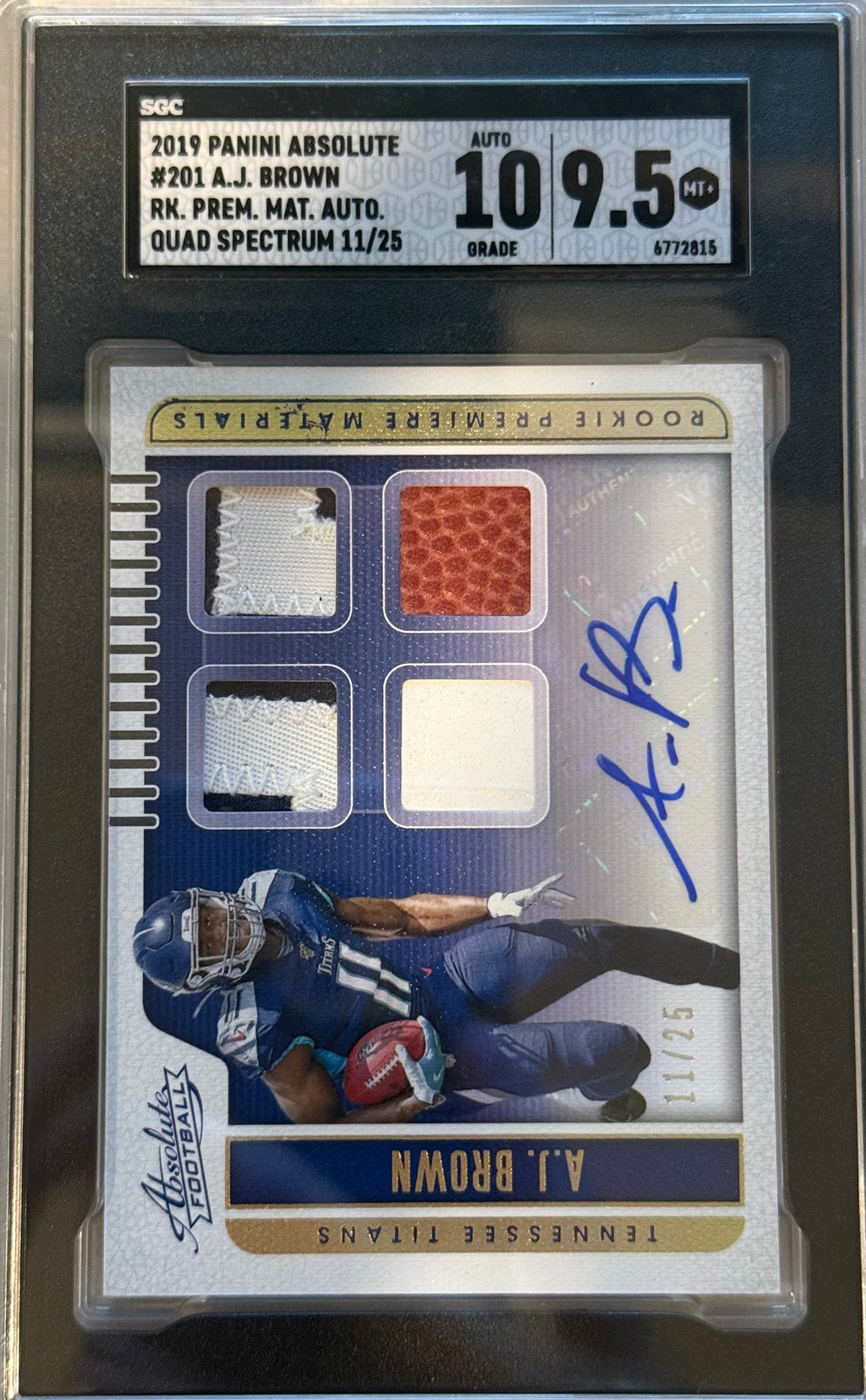 2019 Panini Absolute #201 A.J. Brown  Rk.Prem.Mat.Auto. Quad Spectrum 11/25 SGC 10