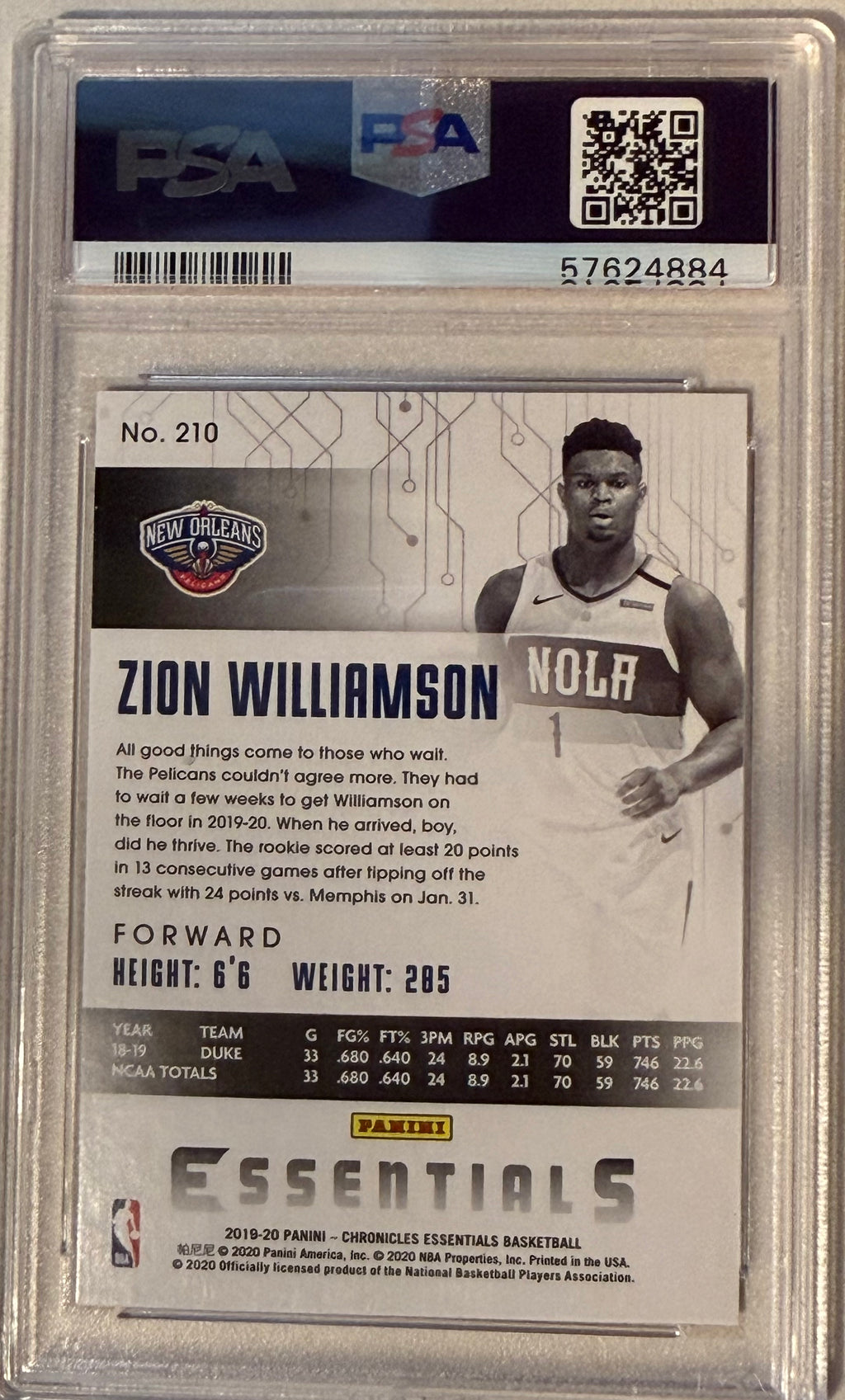 2019 Panini Chronicles Zion Williamson PSA 10