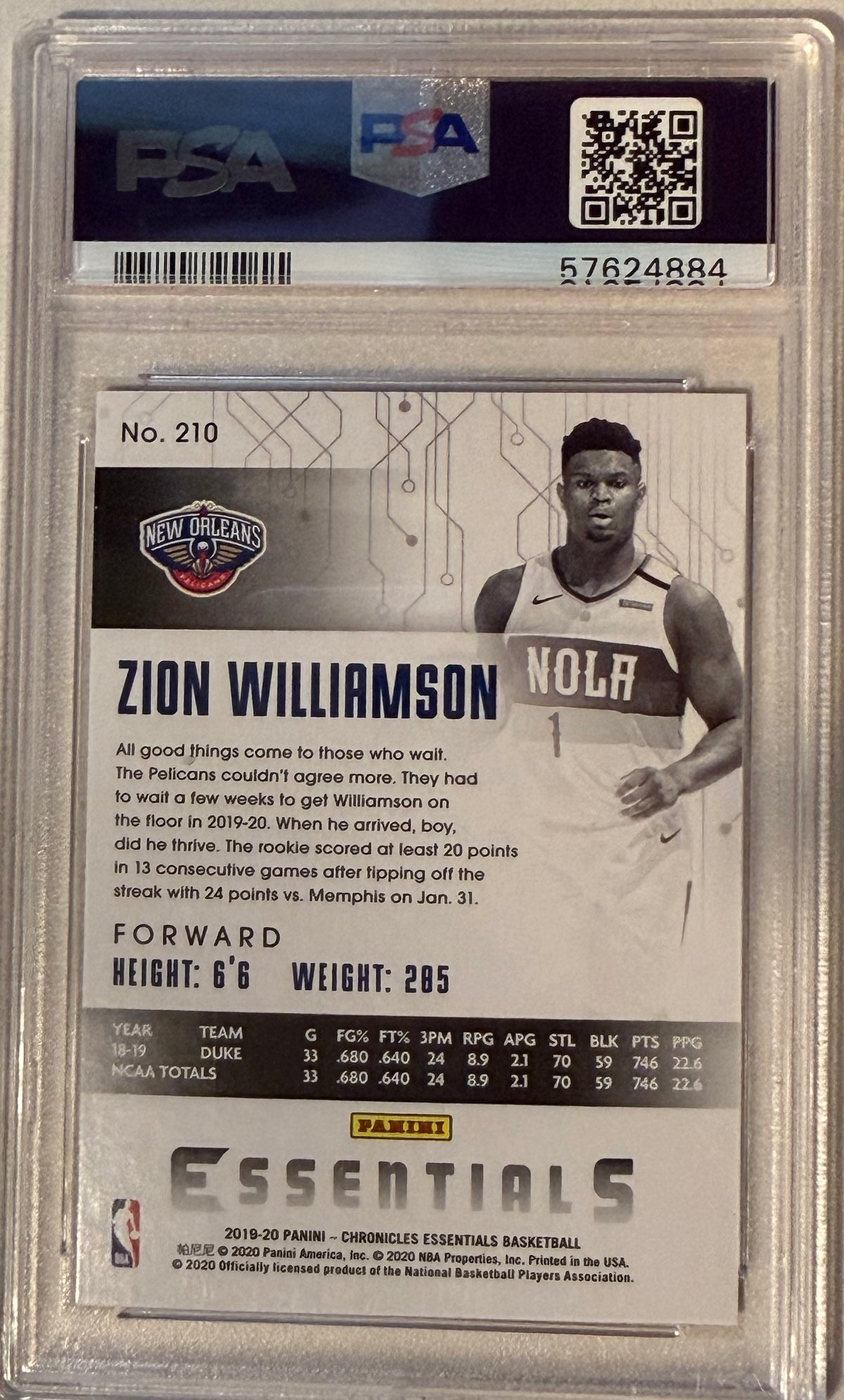 2019 Panini Chronicles Zion Williamson PSA 10