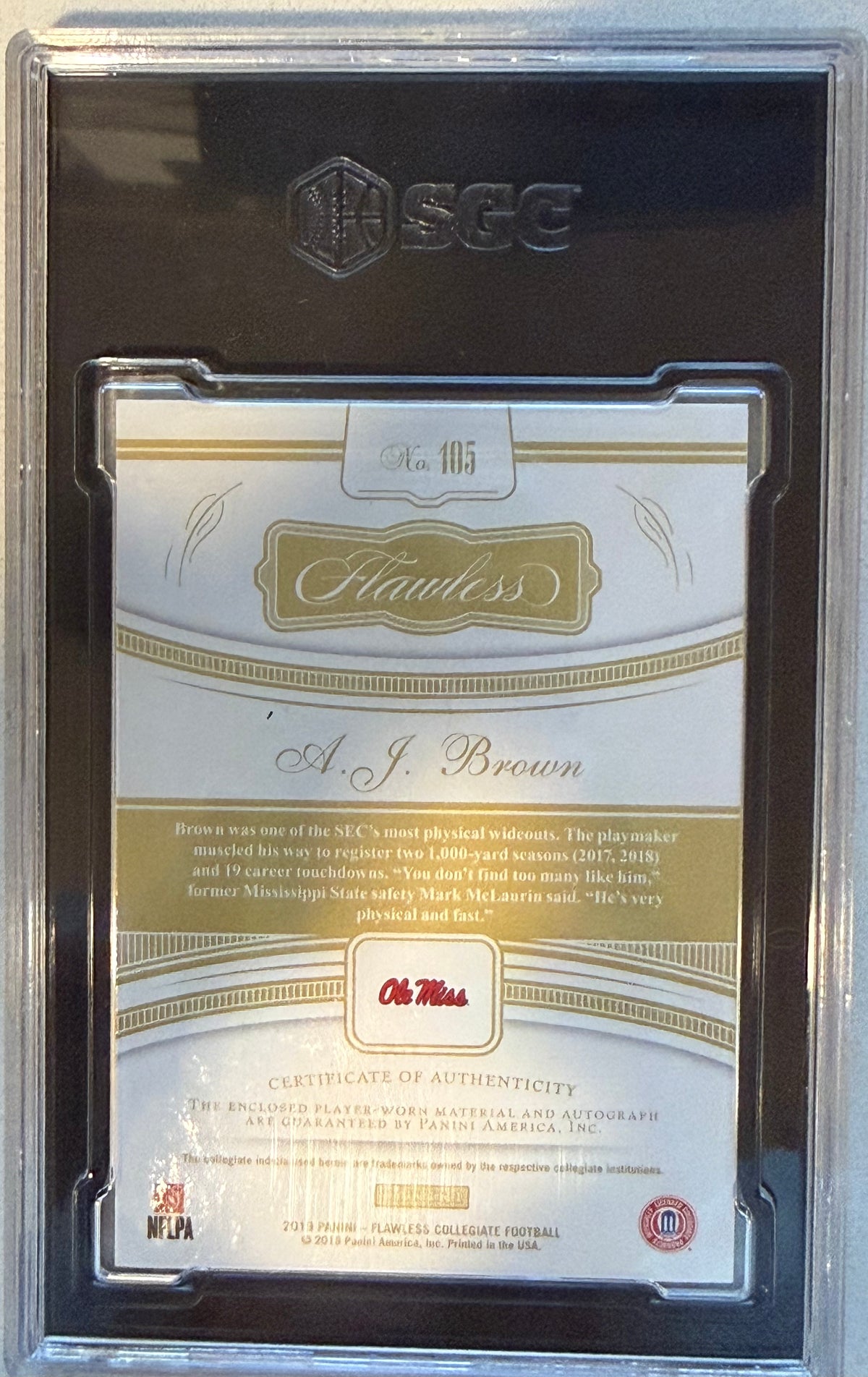 2019 Panini Flawless #105 A.J. Brown Coll. RK. Patch Auto. 25/25 Grade 10