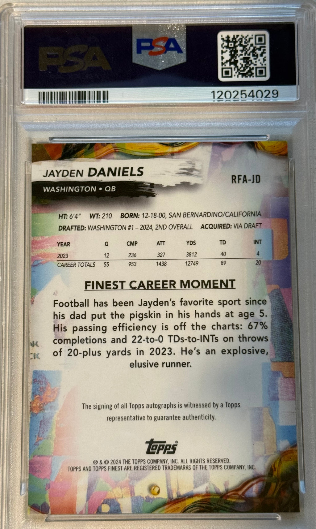 2024 Finest Jayden Daniels Rookie Finest Autograph PSA 10