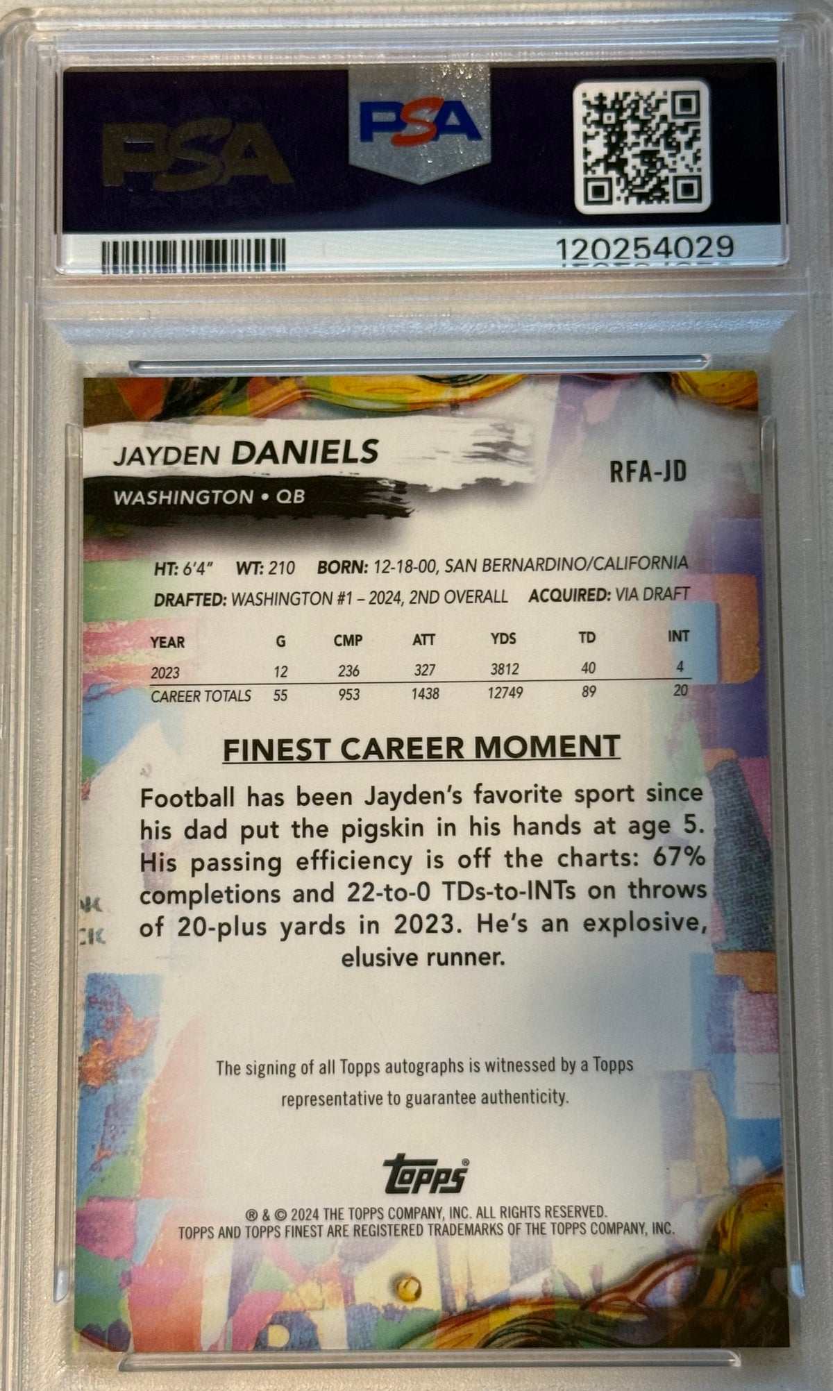 2024 Finest Jayden Daniels Rookie Finest Autograph PSA 10