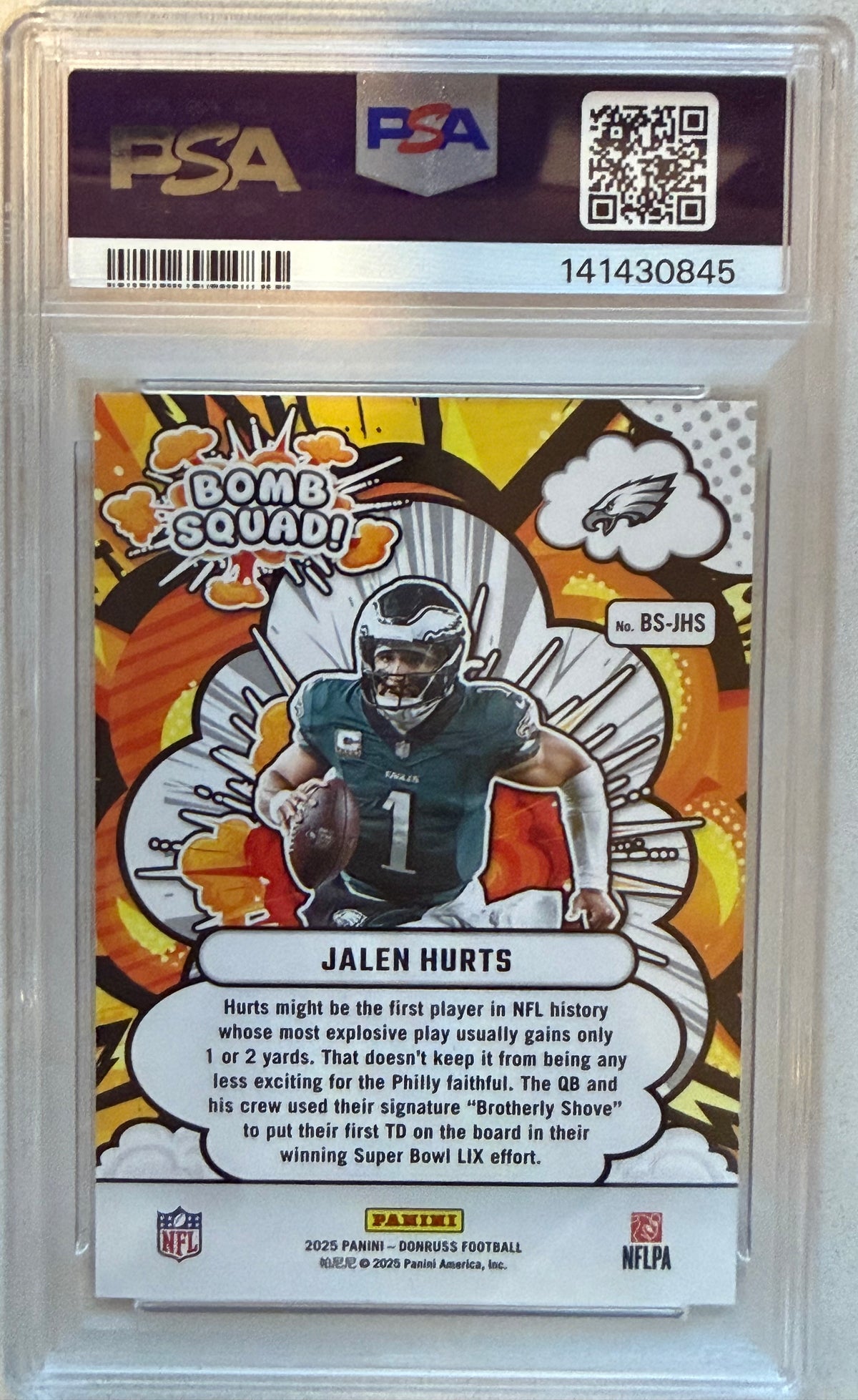 2025 Donruss Jalen Hurts Bomb Squad-Holo PSA 9