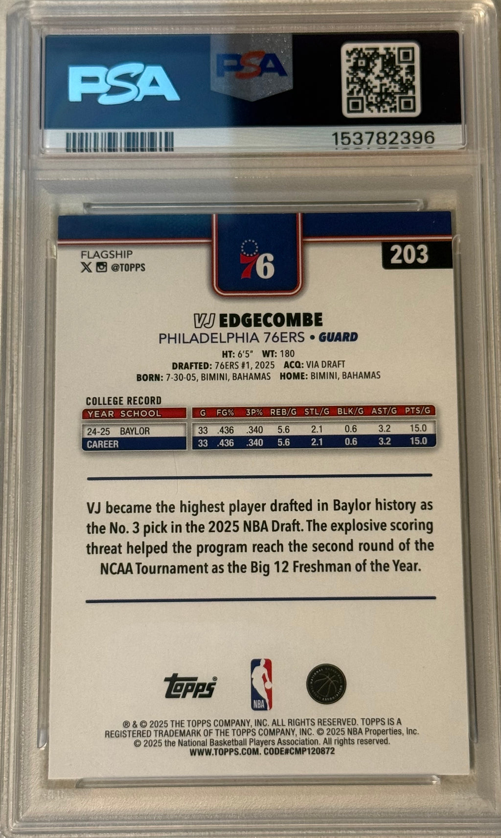 2025 Topps VJ Edgecombe Rainbow Foilboard PSA 9