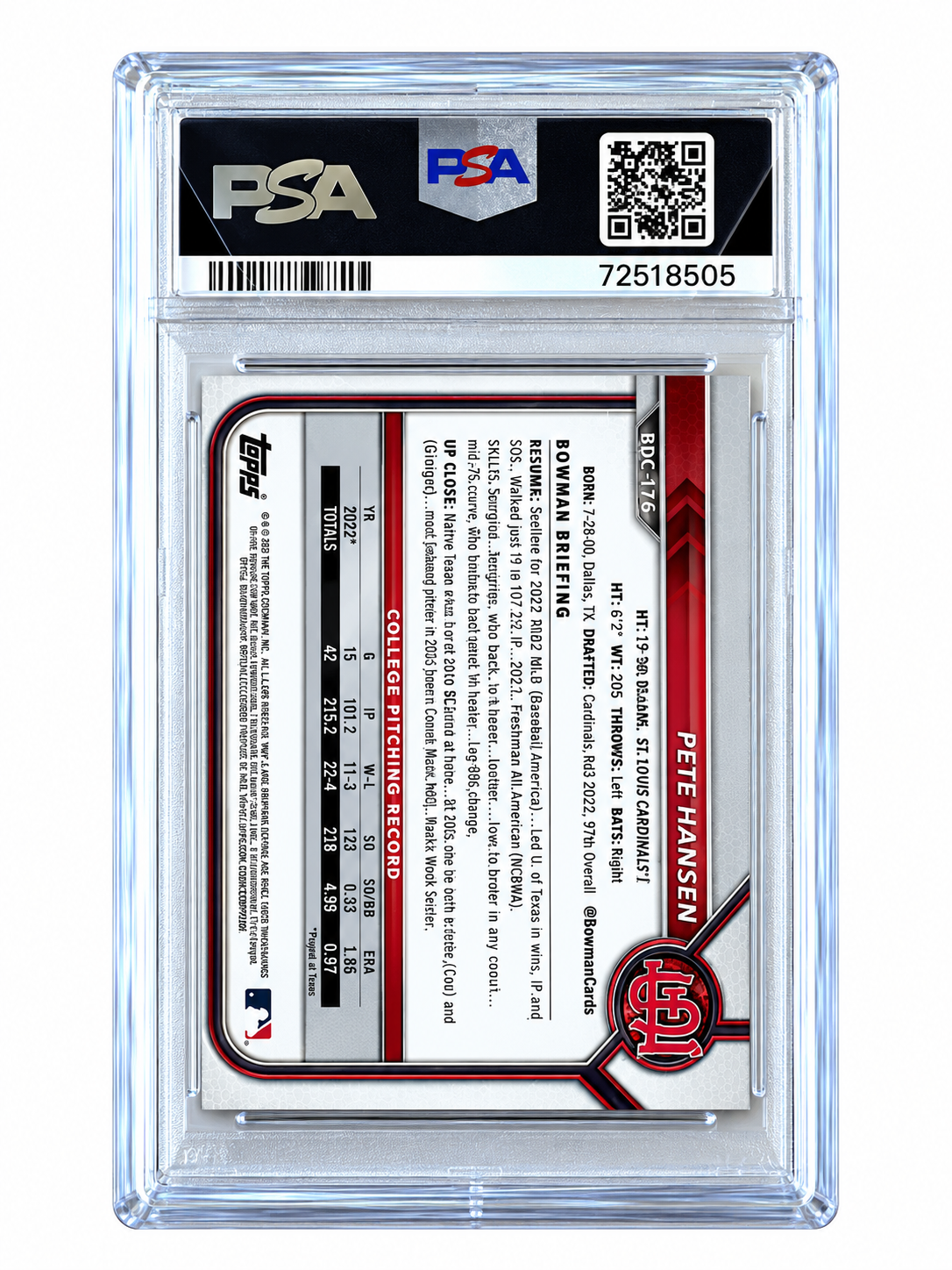 2022 Bowman Draft S/E Pete Hansen Aqua /20 PSA 9